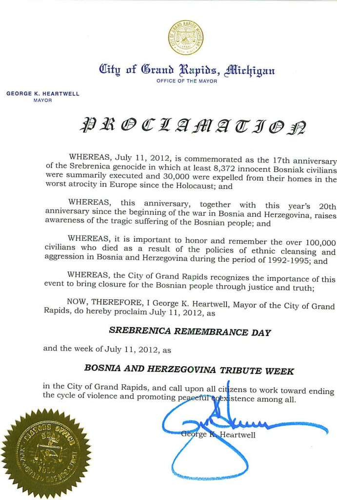 Gradonačelnik grada Grand Rapidsa u Michiganu proglasio 11. Juli, 2012 kao Dan sjećanja na Srebrenicu